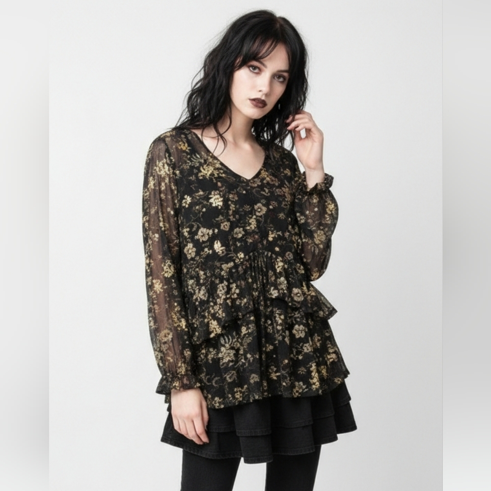 Style & Co Blouse Black Mesh Metallic Sheer Goth Whimsigoth Fairy Floral 2X